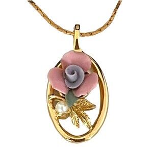Vintage Necklace Ceramic Flower Simulated Pearl Accent Unusual 3J